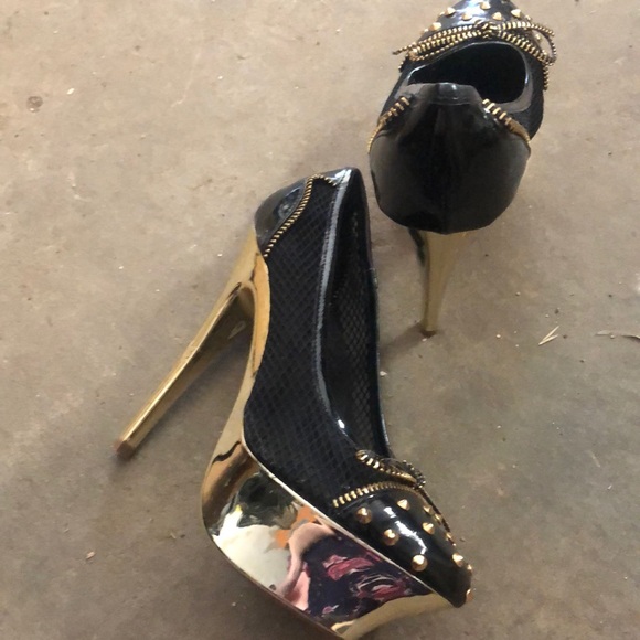 Stiletto gold and black zipper heels 5.5 - Picture 4 of 4
